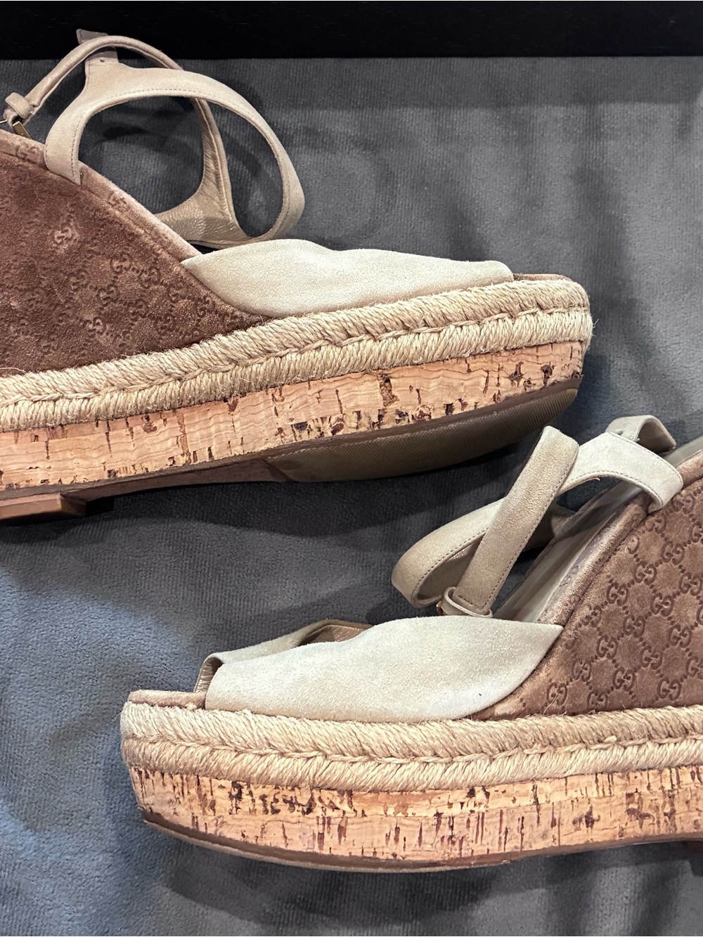 Gucci Beige Suede Platform Cork Wedge Sandals